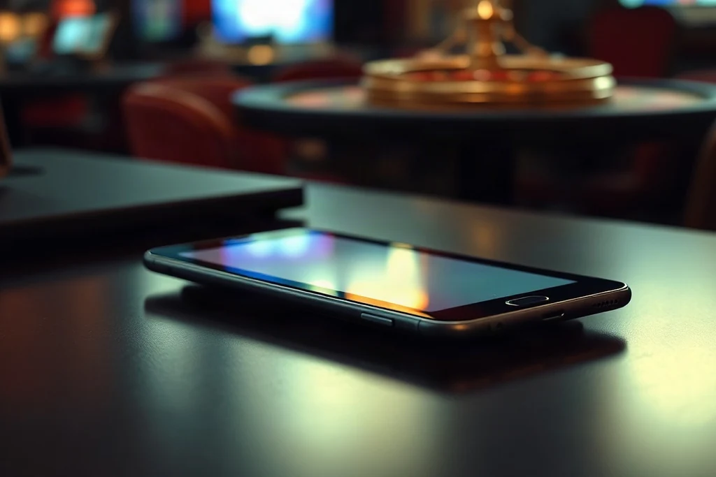 Smartphone exibindo interface desfocada ao lado de fones