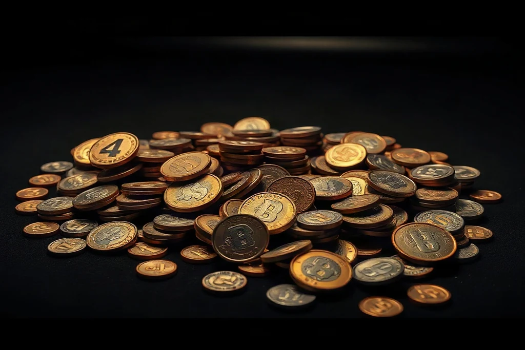 Moedas separadas em pilhas organizadas
