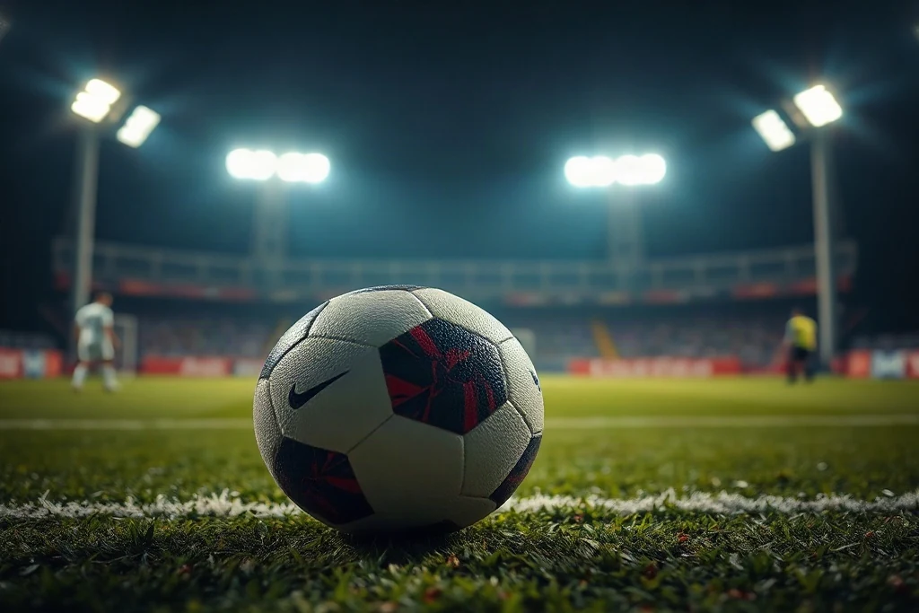 Bola de futebol sobre grama iluminada por refletores à noite