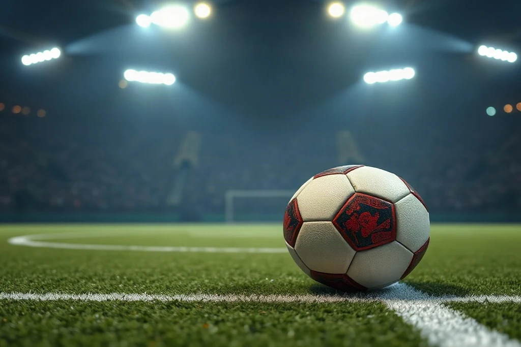 Bola de futebol em campo com linhas brancas sob luz suave