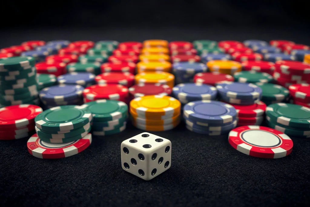 Jogos de casino no 1win: guia completo das seções Fichas de cassino coloridas empilhadas sobre feltro escuro com luz azul